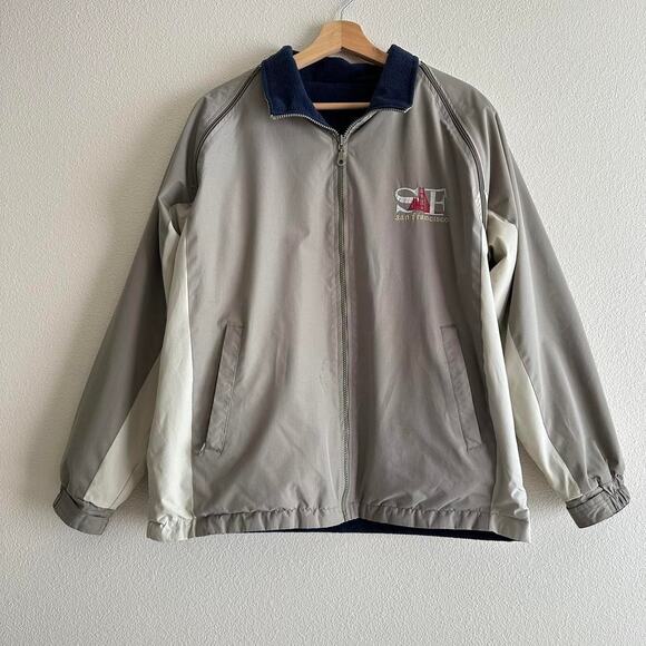 San Francisco beige navy color block embroidered reversible zip up vest jacket - Picture 1 of 8